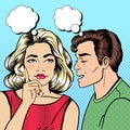 Man Whispering Something to his Girlfriend. Happy Couple. Pop Art Royalty Free Stock Photo