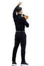 A man, on a white background, in full height, with a megaphone Royalty Free Stock Photo