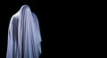 The man is in white clothes and shows a scary looking face on isolated black background, look like ghost in night for Halloween Royalty Free Stock Photo