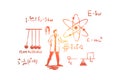 Man in white coat, science experiment, Newton cradle,complex equations, Einstein formula