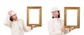 Man in white costume with picture frame Royalty Free Stock Photo