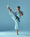 Man in white kimono training karate Royalty Free Stock Photo