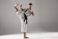 Man in white kimono training karate Royalty Free Stock Photo