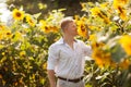 Man enjoys the scent of sunflower Royalty Free Stock Photo