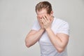 A man in a white shirt cries covering his face with his palms. The concept of deep depression