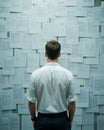 Man in White Shirt Facing Wall Covered with Overlapping Documents Royalty Free Stock Photo