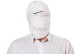 Man in white shirt with head wrapped in toilet paper, isolated on white background, template for designer