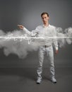 Man in white shirt making magic effect - flash lightning. The concept of electricity, high energy. Royalty Free Stock Photo