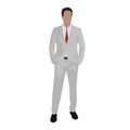 Man in white suit standing with hands in pockets