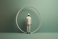 Man in white suit standing inside circular frame