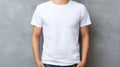 Man in white t shirt mockup template for design print studio, isolated on light gray wall