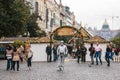 Prague, September 25, 2017: A man who pretends to be a statue for the entertainment of tourists in the main square of