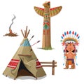 Man, wigwam, bird totem and fire. Indian set