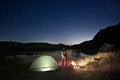 Man And Wild Camp By The Lake Under Starry Sky Royalty Free Stock Photo