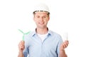 Man with a wind turbine and a light bulb. Royalty Free Stock Photo