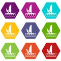 Man on windsurf icon set color hexahedron