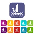 Man on windsurf icons set