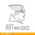 Man in winged helmet. Head of Greek or Viking god. Logo template. Editable vector graphic in linear style