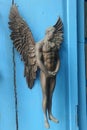 Man with wings sculpture on blue woodrn background