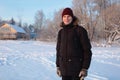 Man in a winter rural scene