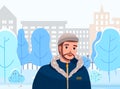 Man in winter snow city landscape. Young bearded guy in flat style walk in winter town sunny day