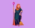 Man wizard with magic staff and broom