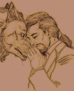 A man and a wolf, sepia