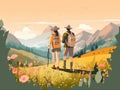 woman camping man hike tent mountain couple illustration travel forest nature vacation. Generative AI.