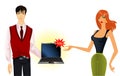 Man and woman advertise laptop