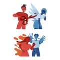Man and Woman Aggressor Shouting and Cutting Wings of Victim Vector Set