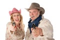 Man and woman aiming guns