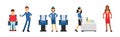 Man and Woman Airport Staff in Blue and Red Uniform Vector Set