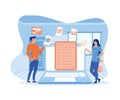 Man and woman analyzing document management soft.