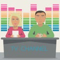 A man and a woman are anchors on the telecast in the studio. TV show with 2 anchor mans on tv channel. Royalty Free Stock Photo