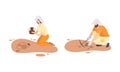 Man and Woman Archaeologist with Pickaxe Searching for Material Remains Vector Set