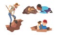 Man and Woman Archaeologist with Shovel Searching for Material Remains Vector Set