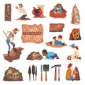 Man and Woman Archaeologist with Tools Searching for Material Remains Big Vector Set