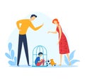 Man and woman arguing while a child sits inside a birdcage, family conflict concept. Parents quarrel, neglected child