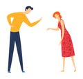 Man and woman arguing or debating, both pointing fingers, showing disagreement or conflict. Cartoon characters in a Royalty Free Stock Photo