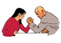 Man and woman arm wrestling.