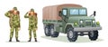 Man and woman army soldier carrying backpack characters with military truck Royalty Free Stock Photo