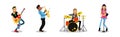 Man and Woman Artists Playing Musical Instruments on Stage Vector Set