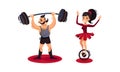 Man and Woman as Circus Artists and Acrobats Lifting Heavy Barbell and Balancing on Wheel Vector Set