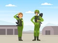 Man and Woman as Military Special Force in Uniform and Rifle Saluting Vector Illustration