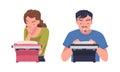 Man and woman authors typing on retro typewriters. Journalists using old styled classic typewriter cartoon vector Royalty Free Stock Photo