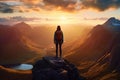 nature woman man travel backpack sunset cliff landscape adventure hiker mountain back. Generative AI.