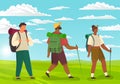 Man and woman with backpack going camping together. Group of hiker people with hiking sticks