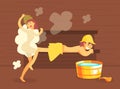 Man and Woman Bathing in Wooden Bathhouse or Sauna Full of Steam, Girl Washing Her Body Vector Illustration Royalty Free Stock Photo