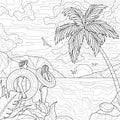 Man and woman on the beach. Landscape with sea and palm trees.Coloring book antistress for children and adults. Royalty Free Stock Photo