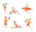 Man and Woman Beach Lifeguards with Megaphone, Lifebuoy and Binoculars Ensuring Safety Vector Set